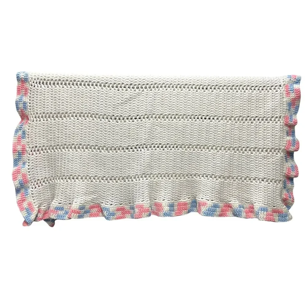 Handmade Crochet Knit Baby Afgan 34x36 White Blue Pink‎